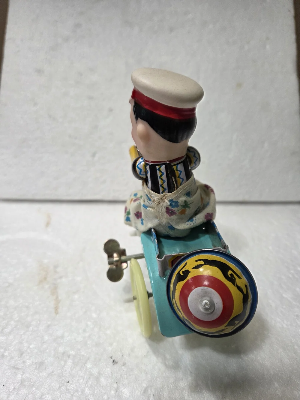 Vintage- 1970s Tin Wind-up Tricycle Toy with Blue Accents Works Perfectly